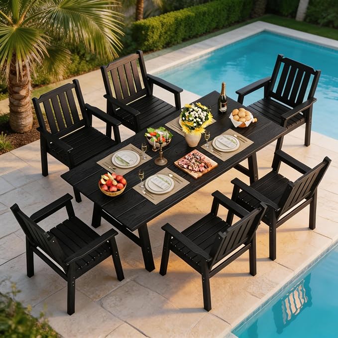 Takywep 23.9” Wide HDPE Patio Dining Chairs Set of 2, 650LBS Capacity All-Weather Yard Armchair with Slatted Seat, Heavy Duty Modern Backyard Furniture for Garden, Poolside, Deck, Black