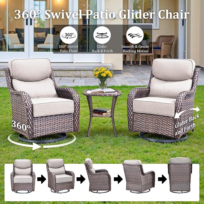Luxury Outdoor Swivel Rocker Patio Chairs Set of 3, High Back Swivel Patio Chairs with Side Table & 6-Inch Thick Cushions, Wicker Outdoor Bistro Set for Porch, Yard, Deck, Poolside, Brown/Beige