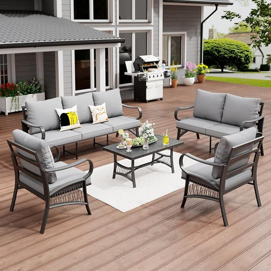 5 Piece Patio Furniture Set, 7 Seat Metal Outdoor Sectional Sofa Set with Thick Cushions, All Weather Patio Conversation Set with Coffee Table for Garden, Porch, Lawn, Grey