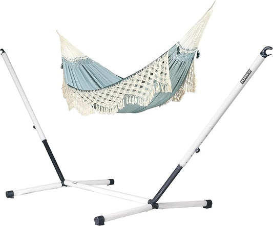 LA SIESTA® Bossanova Organic Cotton Hammock & Steel Stand - Indoor Outdoor Hammock with Stand - Handmade in Brazil, Boho Hammock - 2 Person Double Hammock Bed for Patio Bedroom - XL King, Fjord