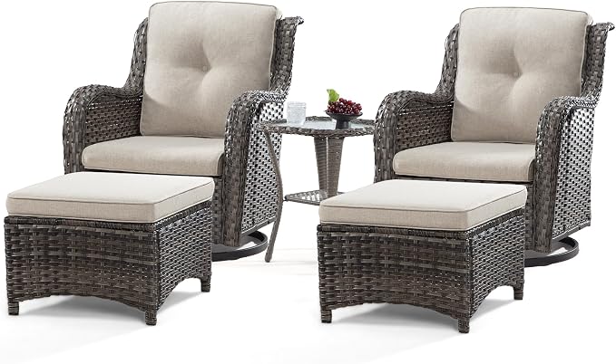 5 Piece Outdoor Patio Furniture Set Wicker Conversation Bistro Set Swivel Rocking Chairs with Side Table and Ottomans for Backyard, Porch, Deck(Mixed Grey/Beige)