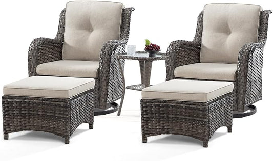5 Piece Outdoor Patio Furniture Set Wicker Conversation Bistro Set Swivel Rocking Chairs with Side Table and Ottomans for Backyard, Porch, Deck(Mixed Grey/Beige)