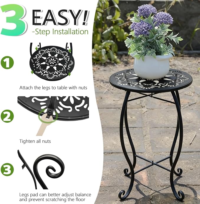 Arbuxzuy 17" Tall Round Metal Outdoor Side Tables for Patio, Decorative Black Flower Pot Stand, Rustproof Potted Holder, 120 lbs Load Capacity (4pcs)