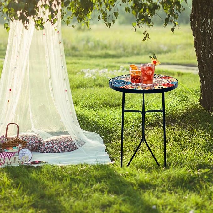 Mosaic Round Sode Tea Table, Outside Unique Furniture, Small End Outdoor Side Valentine's Day Dining Room Table, Indoor Balcony Outdoor Furniture, Balcony Patio Valentine's Day Decor