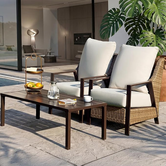 3 Piece Wicker Patio Bistro Set, All Weather Outdoor Conversation Set with Thick Washable Olefin Cushions, 2 Armchairs & Coffee Table for Backyard Deck Porch, Beige