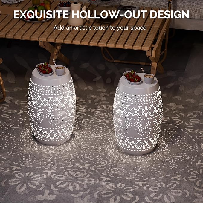 Iron Side Table for Outdoor Porch - White Cute Round Hollow Drum End Tables - Small Decorative Round Accent Table for Balconies or Patios