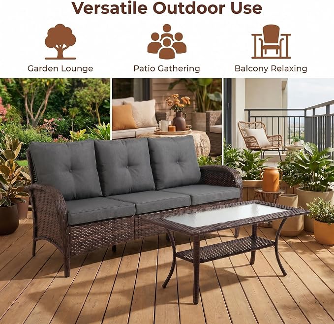 YLGJ&TIDY Outdoor Furniture 2PCS Set All-Weather Brown Wicker Patio Conversation Set 3 Seater Rattan Sofa Glass Coffee Table for Garden Backyard Porch Balcony w/Thick Cushions (Gray,2PCS Sofa/Table)