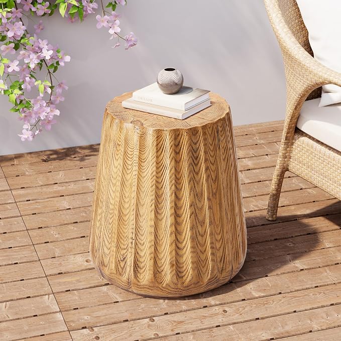 SUNBURY Outdoor Side Table, Stump End Table, Wood Stump Stool Light Oak, Round Concrete Side Table Colored Faux Wood, Ottoman or Plant Stand, Deck or Garden