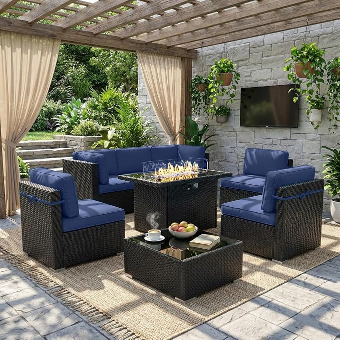 LayinSun 8 Piece Patio Furniture Set with 44" Propane Gas Fire Pit Table, Outdoor Sectional Conversation Set Wicker Rattan Sofa Set with Coffee Table