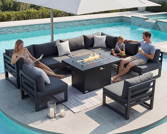 NICESOUL Aluminum Frame Patio Furniture Set with Fireplace, 9 Piece Oversized Modular Outdoor Sectional Sofa, 29" Deep Wide Seating, Modern L Shaped Conversation Set for Backyard, Garden, Dark Grey