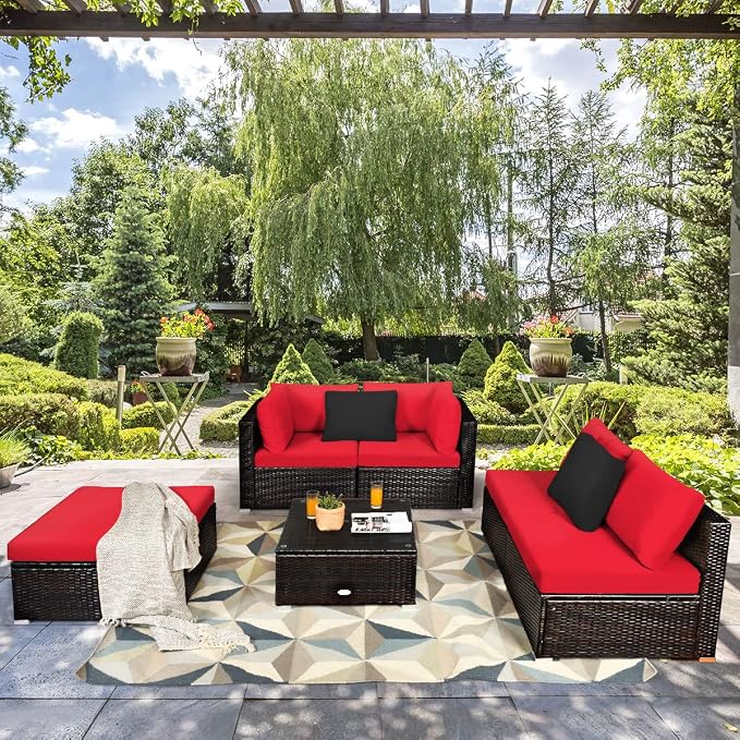 COSTWAY 6-Piece Outdoor Patio Furniture Set, Rattan Sectional Sofa Set with Tempered Glass Coffee Table, Cushions and Ottoman for Garden, Deck, Backyard (Red)
