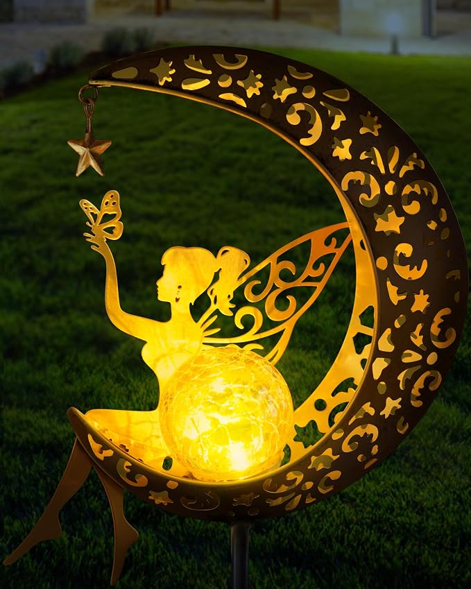 Vuees Solar Fairy Moon Garden Stake Light, Outdoor Yard Patio Decor Gift | Auto dusk glow; no wiring; rust-resistant metal; warm patterned reflections; pathway, lawn and backyard accent