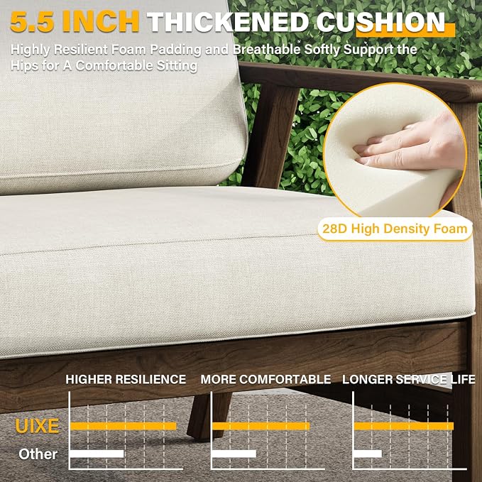 2 Piece Wood Patio Chair Outdoor Bistro Set, Outdoor Armrest Chair All Weather Patio Sofa Furniture Backyard Conversation Sets with Cushions, Light Camel