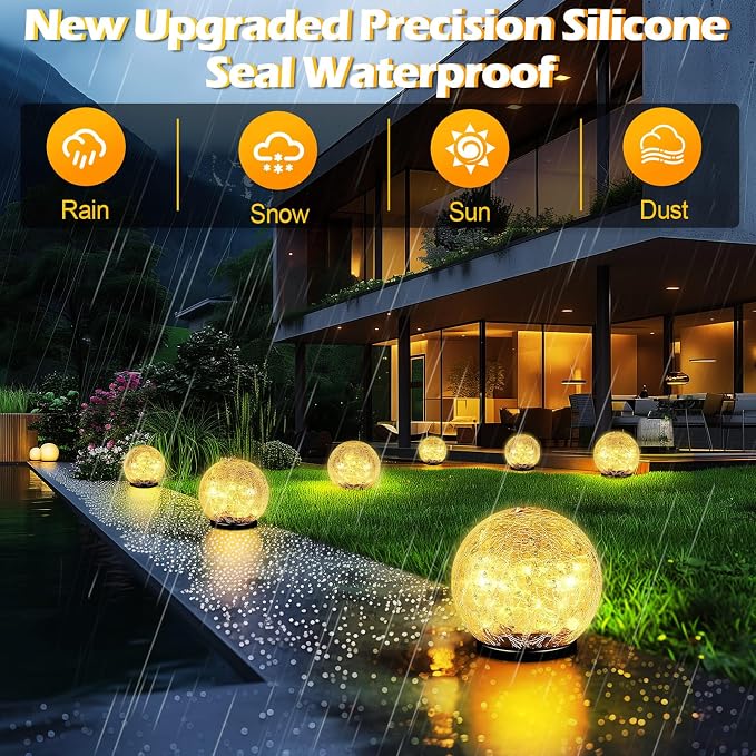 Garden Solar Ball Lights Outdoor Waterproof, 80 LED Cracked Glass Globe Solar Power Ground Lights for Path Yard Patio Lawn, Halloween Christmas Decoration Landscape Warm White(2 Pack 5.9'')
