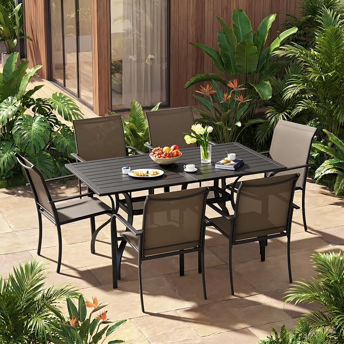 Crownland 7 Piece Patio Dining Set, Outdoor Textilene Dining Sets, 6 Textilene Metal Chairs and Rectangular Outdoor Dining Table with 1.57" Umbrella Hole (Brown)