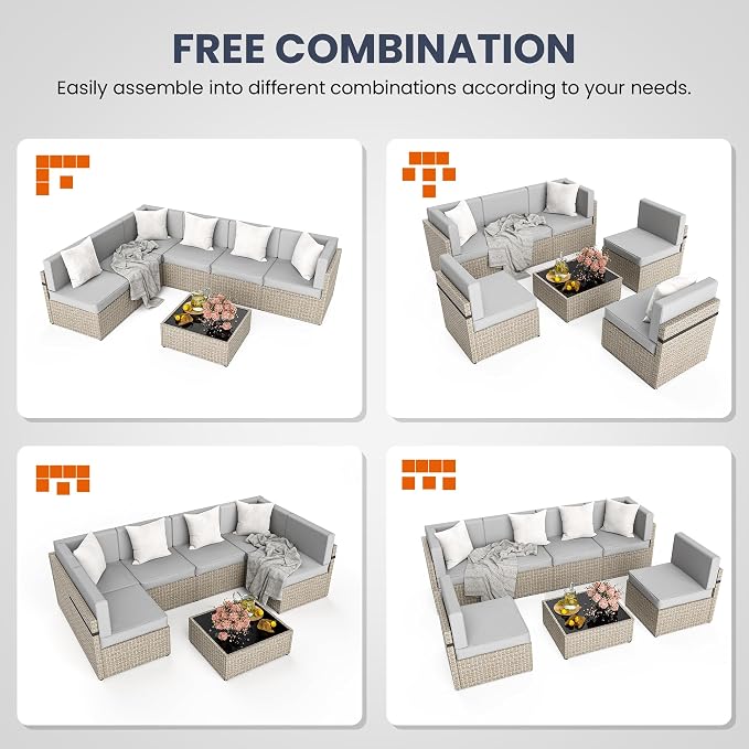 Pamapic 7-Piece Outdoor Sectional Furniture Set, All-Weather Wicker Patio Sofa with Washable Cushions, Gray Waterproof Rattan Conversation Set for Backyard, Poolside, Garden (Gray Cushions)