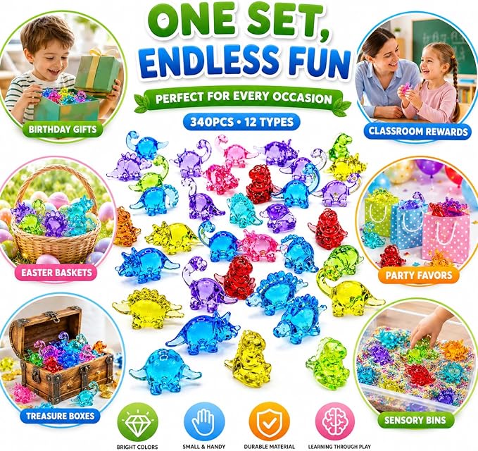340 Pcs Mini Dinosaur Figures, Mini Resin Animals to Hide, Bulk Plastic Dinosaur Party Favors, Miniature Figurines,Small Classroom Prizes