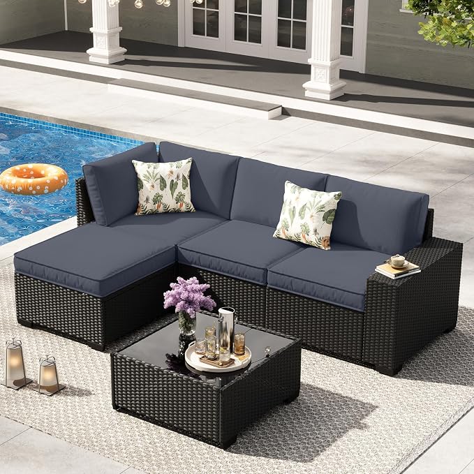 5 Pieces Patio Furniture Set,Wicker PE Rattan Outdoor Sectional with Cushion & Coffee Table, Patio Conversation Sofa for Garden, Backyard, Poolside, Grey