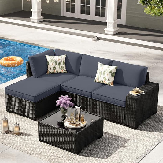 5 Pieces Patio Furniture Set,Wicker PE Rattan Outdoor Sectional with Cushion & Coffee Table, Patio Conversation Sofa for Garden, Backyard, Poolside, Grey