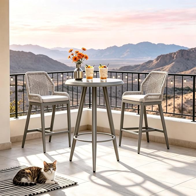 PURPLE LEAF Counter Height Table Patio Round Table Dining Coffee Kitchen Breakfast Bistro Outdoor Pub Bar Table for Garden Balcony, Light Grey