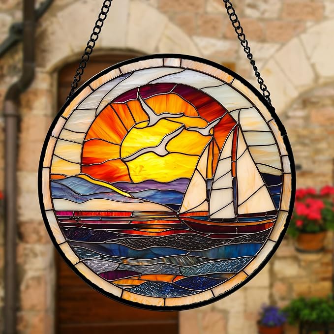 DASTOLL Stained Glass Window Hanging, Sun Ocean Sailboat Seagull Abstract Suncatcher Diamond Glass Panel Sun Catchers Decor for Birthday for Women, Men, Wife, Aunt, and Mom 9.8 in