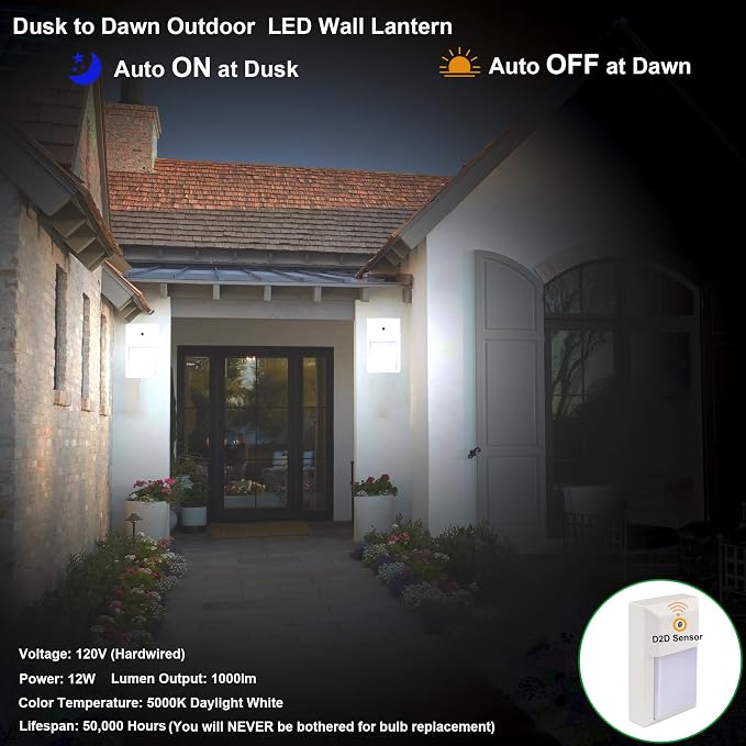 Outdoor Porch Light, LED Wall Sconce, Rustproof Aluminum | Dusk to Dawn Modern Exterior Wall Light Fixture for House, Patio, Garage, 12W 1000 Lumen, Waterproof, 5000K, White, 1 Pack