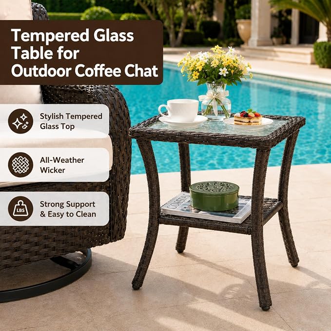 HUMMUH 3-Piece Swivel Rocking Rattan Chair Outdoor, Patio Bistro Furniture Conversation Set, Cushioned Wicker Chair with Glass Coffee Table (Brown, Beige)
