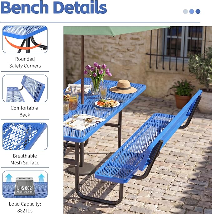 72" Rectangular Metal Picnic Table with Backrest, Commercial Steel Picnic Tables with 1.73" Umbrella Hole, Heavy Duty Picnic Tables for Outdoor Garden Courtyard BBQ, Blue