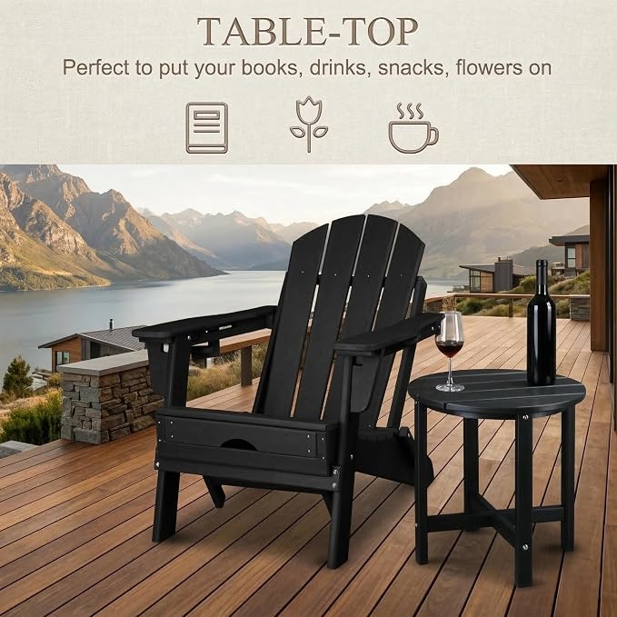 Outdoor Side Table, 18" HDPE Round Patio End Table, Weather Resistant Small Outside Table for Adirondack Chairs, Garden, Porch, Poolside, Deck and Living Room, Wood-Like Texture, Black (Style A)