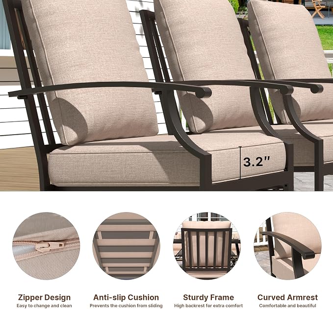 Gotland 7 Piece Outdoor Dining Set, Metal Outdoor Table and Swivel Chairs with X-Shaped Legs 1.5" Umbrella Hole, Patio Furniture Set with Waterproof Cushions, Patio Dining Sets for Backyard Deck Khaki