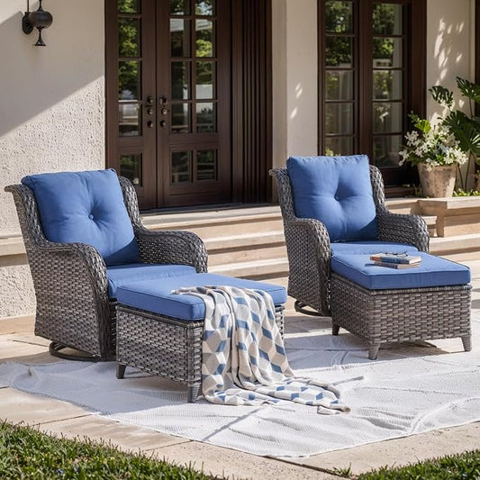 Outdoor Swivel Chairs-Patio Swivel Glider Chairs with Ottomans Outdoor Conversation Set for Deck Balcony Poolside Backyard-Grey/Blue