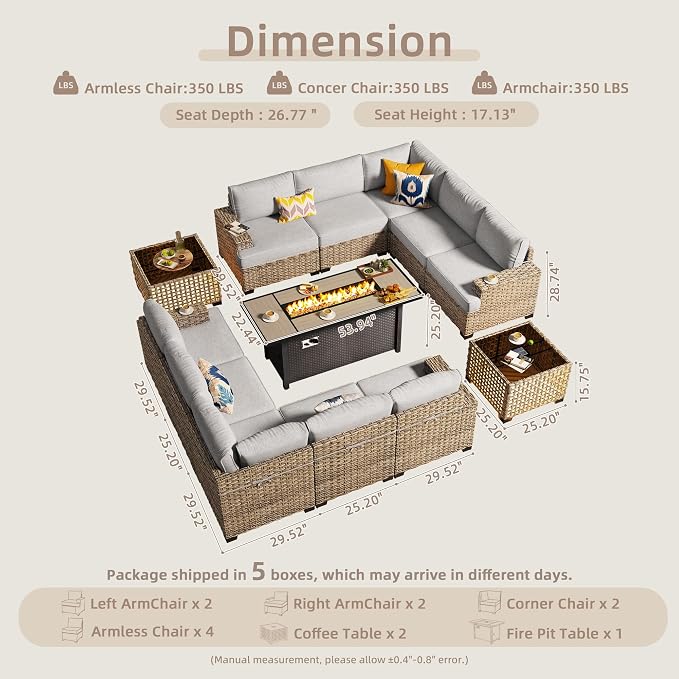 CAODOC Outdoor Sectional Patio Furniture Set with Fire Pit Table,13 Pieces Wicker Conversation Sets L Shaped Couch,Extra Deep Out Door Sofa Outside Furniture, Grey