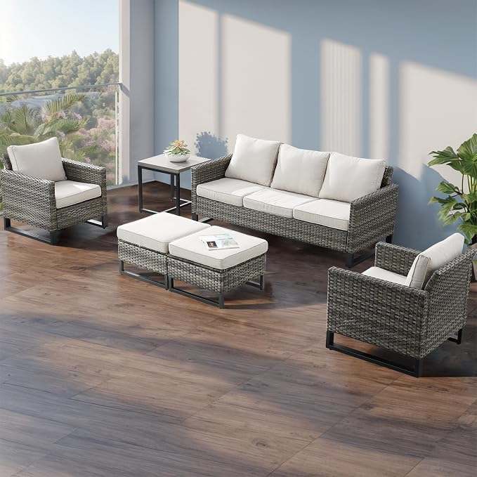 Rilyson Luxury Wicker Outdoor Patio Furniture Set of 5-5 Piece Patio Conversation Set with Ottoman*2, Wicker Chairs*2, Metal Side Table*1 for Outside Porch Deck Backyard Garden(Mixed Grey/Beige)