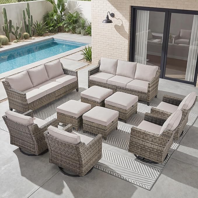 Belord Patio Wicker Swivel Rocker Patio Chairs with 3-Seater Sofa, Outdoor Rattan Chairs for Deck Porch Poolside, 10 Piece Patio Conversation Furniture Set,Beige