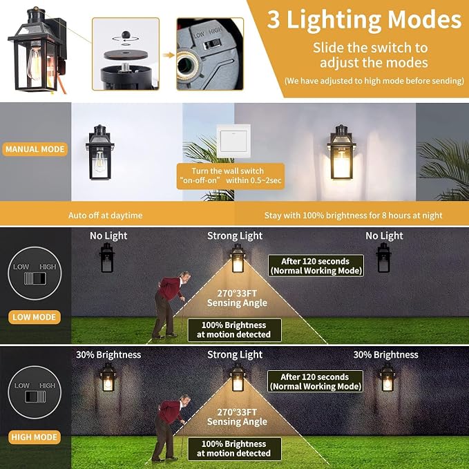 Yisuro Porch Lights with GFCI Outlet, Dusk to Dawn Motion Sensor Outdoor Light, 3 Lighting Modes Exterior Fixture, Outside for House Front Door Patio Garage(2 Pack Black)