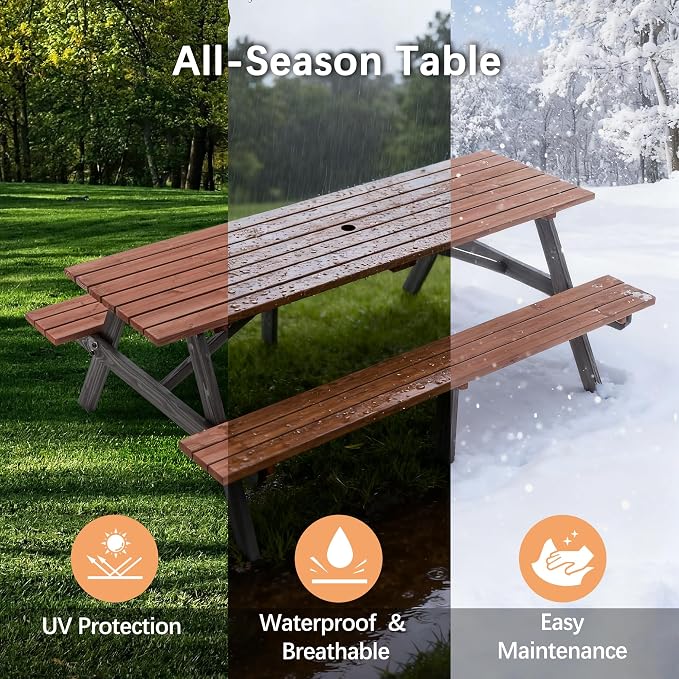 KEIKI 75" Solid Wood Picnic Table Set with Benches, Heavy-Duty Outdoor Dining Table for 6–8 People, Patio Table with Umbrella Hole, Rustic Brown for Backyard, Lawn, 2220lb Capacity, Brown/Black