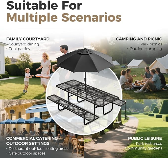 72 Inch Heavy Duty Picnic Table for Outdoors, Rectangular Camping Table with Benches and 1.78" Umbrella Hole, Commercial Grade Steel Frame, 2200 lbs Load Capacity, Black