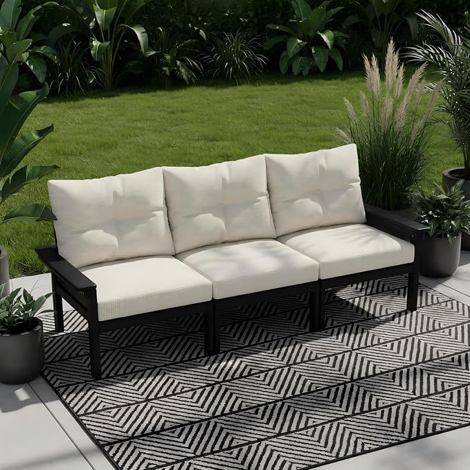HDPE 3 Piece Patio Furniture Set, All-Weather Outdoor Couch Set with Thick Cushions, Patio Conversation Sets for Lawn, Garden, Porch, Balcony, Deck, Poolside, Black Frame Beige Cushion