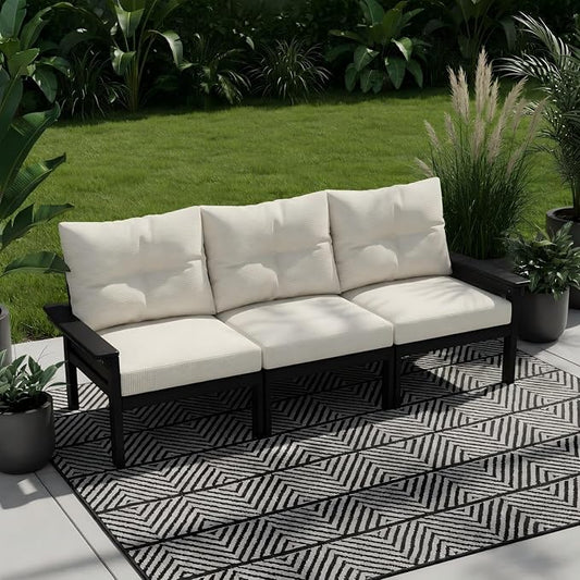 HDPE 3 Piece Patio Furniture Set, All-Weather Outdoor Couch Set with Thick Cushions, Patio Conversation Sets for Lawn, Garden, Porch, Balcony, Deck, Poolside, Black Frame Beige Cushion