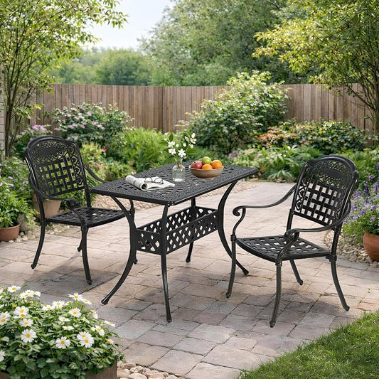 VIVIJASON 3 Piece Outdoor Dining Set, Cast Aluminum Patio Bistro Set with 42" x 24" Rectangular Table and 2 Chairs, Rust Proof & Weather Resistant Furniture for Small Balcony, Porch, Garden, Deck