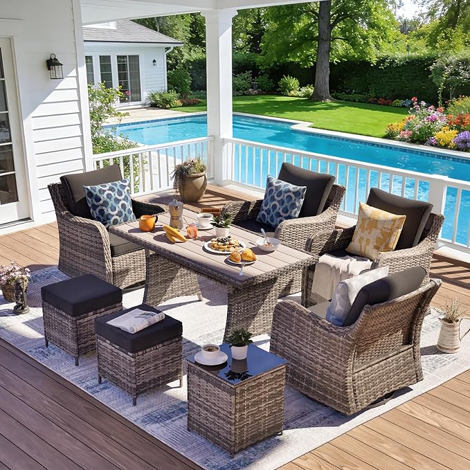 MEISSALIVVE Patio Furniture Set with Swivel Chairs, 8 Pieces Wicker Patio Conversation Set, Outdoor Patio Set with 2 Swivel Rocking Chair & 2 Single Chair, 2 Ottomans and Dining Table (Black)
