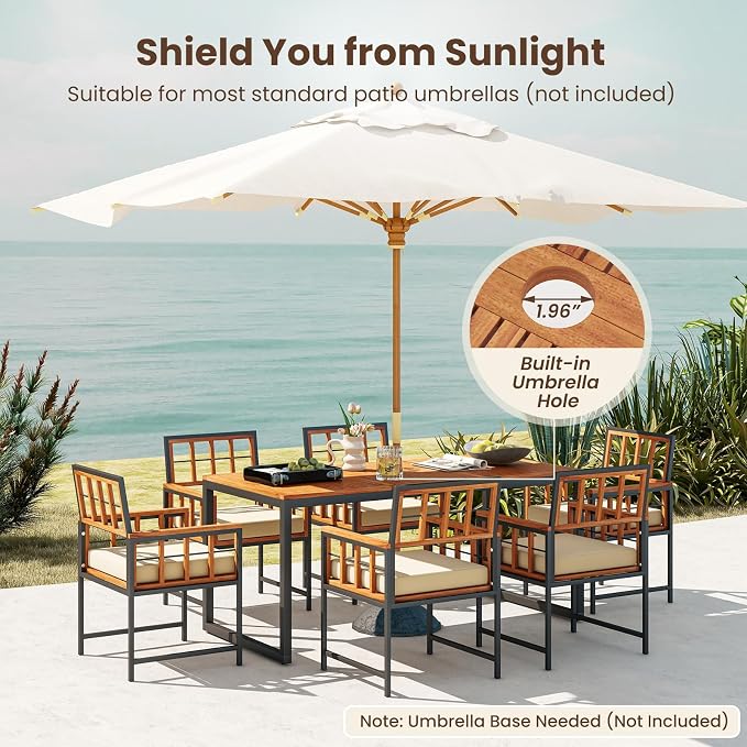 Tangkula 7 Pieces Patio Dining Set, Outdoor Acacia Wood Table and Chairs with Soft Cushions and 1.96” Umbrella Hole for Backyard, Garden, Poolside (Beige)