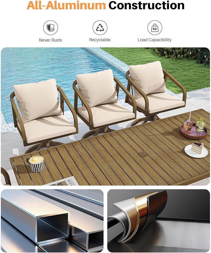 9-Piece Patio Dining Set with 8 Swivel Chairs, Never-Rust Aluminum Outdoor Dining Set, Patio Swivel Dining Set with Wraparound Seating, Outdoor Table and Chairs for Garden, Lawn, Deck, Teak