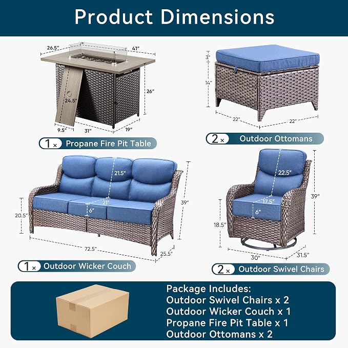 Luxury Patio Furniture Set with Fire Pit Table-6 Pieces All Weather Outdoor Swivel Rocker Chairs with Sofa and Ottomans. Outdoors Patio Conversation Sets for Porch Deck Garden Backyard(Brown/Blue)