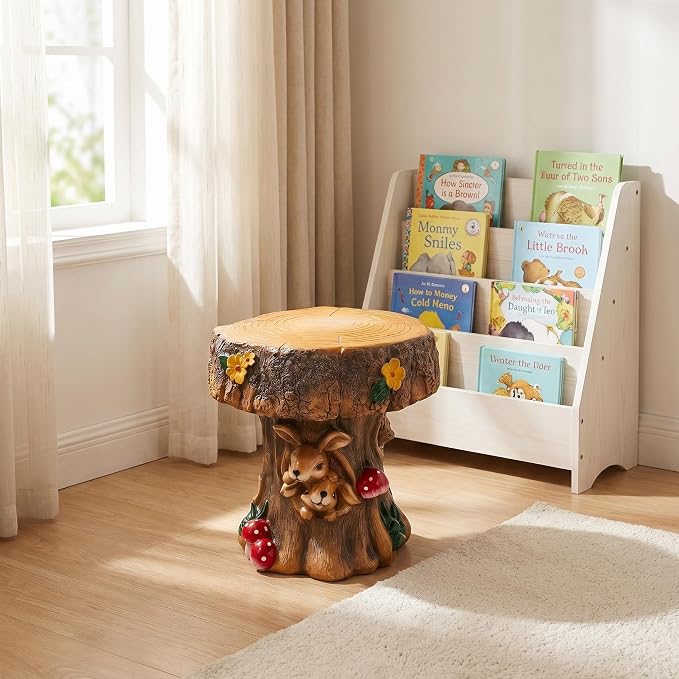 12.6" Resin Rabbit Tree Stump Stool – Whimsical Indoor Outdoor Garden Chair, Decorative Accent Seat for Patio Backyard Terrace, Unique Forest Animal Figurine Decor for Kids Room & Garden