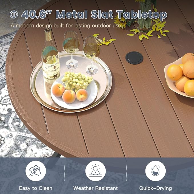 VICLLAX 40.6" Round Metal Outdoor Dining Table for 4, Patio Table with Umbrella Hole and Storage Shelf for Garden, Lawn, Deck, Walnut