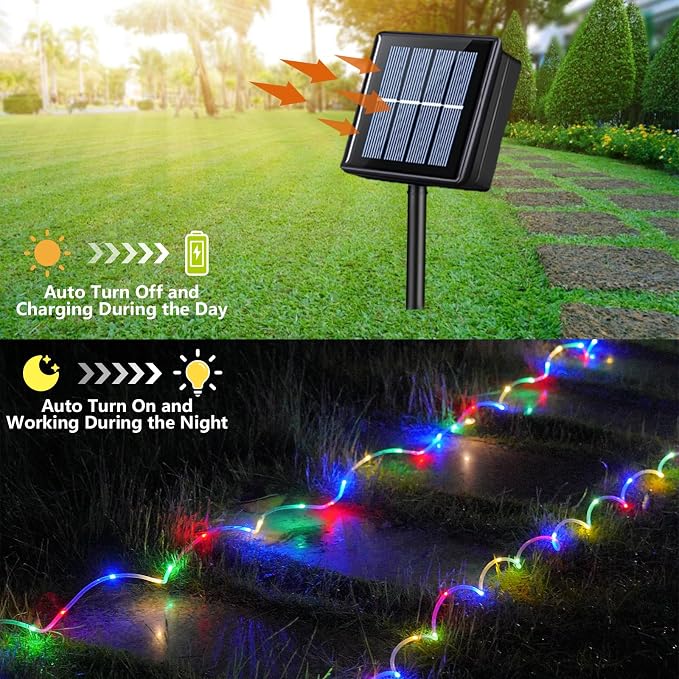 QITONG Multicolor Trampoline Lights, 66ft 200 LED Solar Rope Lights Outdoor Waterproof, Fairy Lights in Clear Thin Tube with 8 Modes