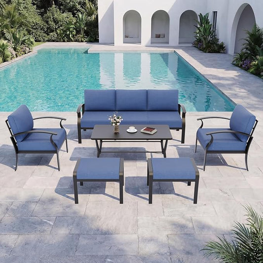 Kurapika Aluminum Patio Furniture Set 5-Seat Modern Outdoor Conversation Sets w/2 Ottomans with Rectangular Coffee Table, Navy Blue