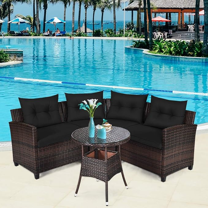 HAPPYGRILL 4 Pieces Rattan Patio Conversation Set, Outdoor Wicker Furniture Set with Cushioned Sofas and Coffee Table, L-Shape Sectional Curved Sofa Set for Garden Poolside Balcony