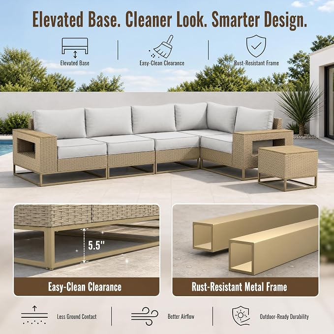 6-Piece Outdoor Patio Furniture Set, Modern PE Wicker Outdoor Sectional Sofa with Storage Armrests & 5.5" Thick Cushions, L-Shaped Couch for Deck, Porch, Backyard, Ivory White